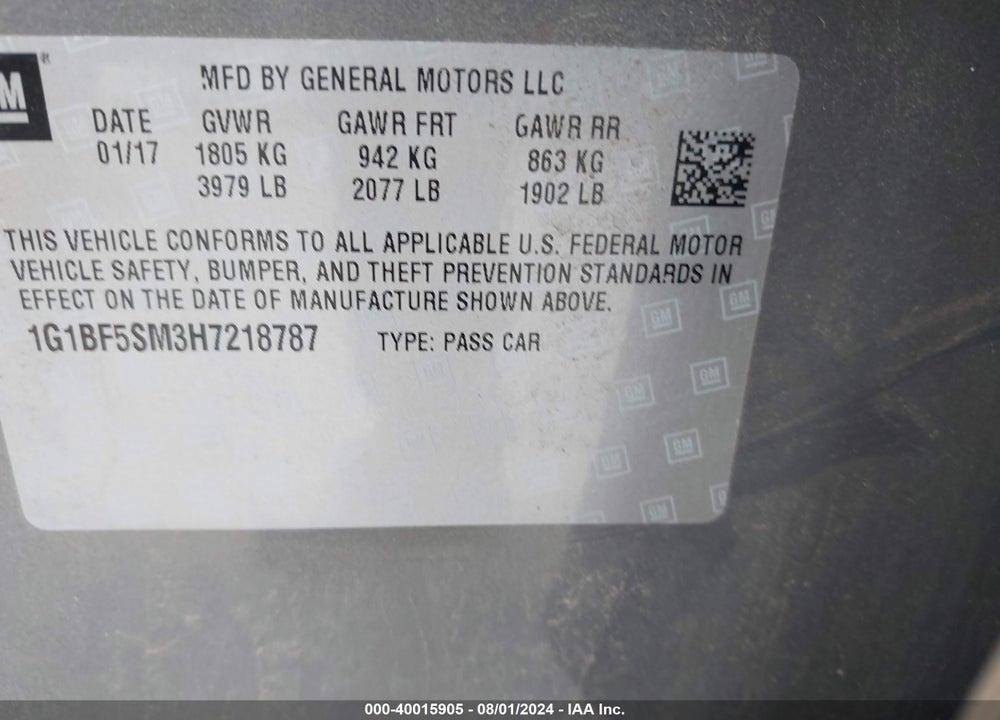 2017 CHEVROLET CRUZE PREMIER AUTO VIN: 1G1BF5SM3H7218787