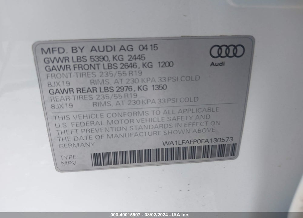 2015 AUDI Q5 2.0T PREMIUM VIN: WA1LFAFP0FA130573