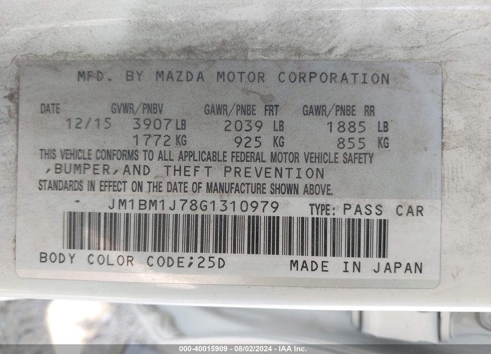 2016 MAZDA 3 VIN: JM1BM1J78G1310979