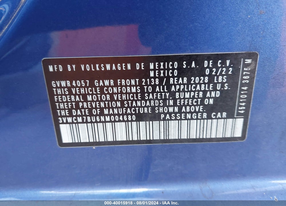 2022 VOLKSWAGEN JETTA 1.5T S VIN: 3VWCM7BU6NM004680