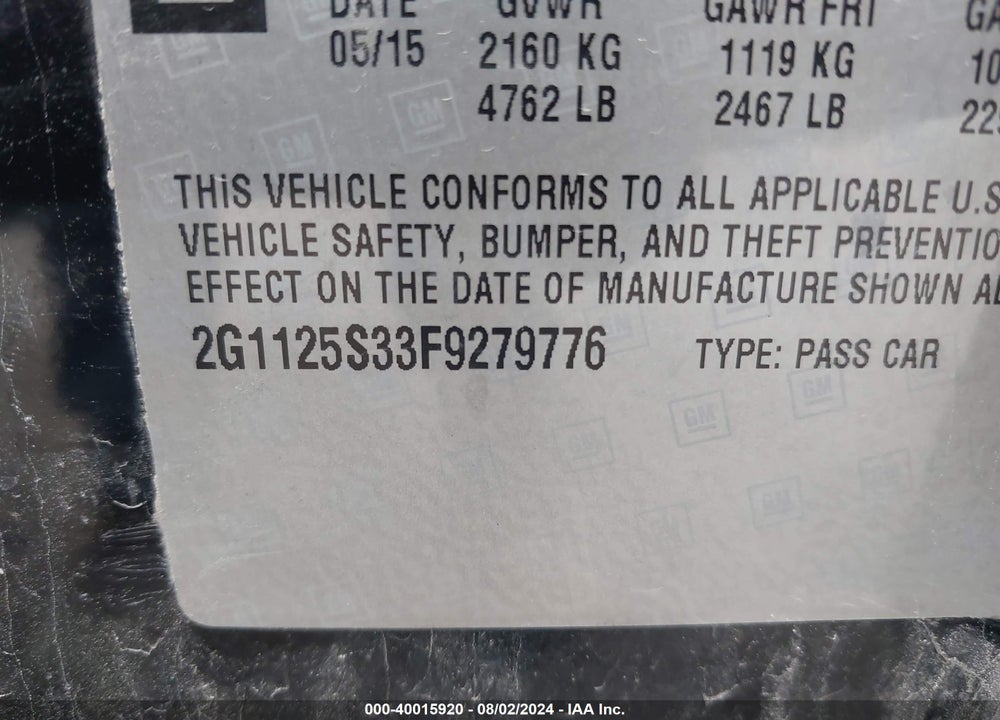 2015 CHEVROLET IMPALA 2LT VIN: 2G1125S33F9279776