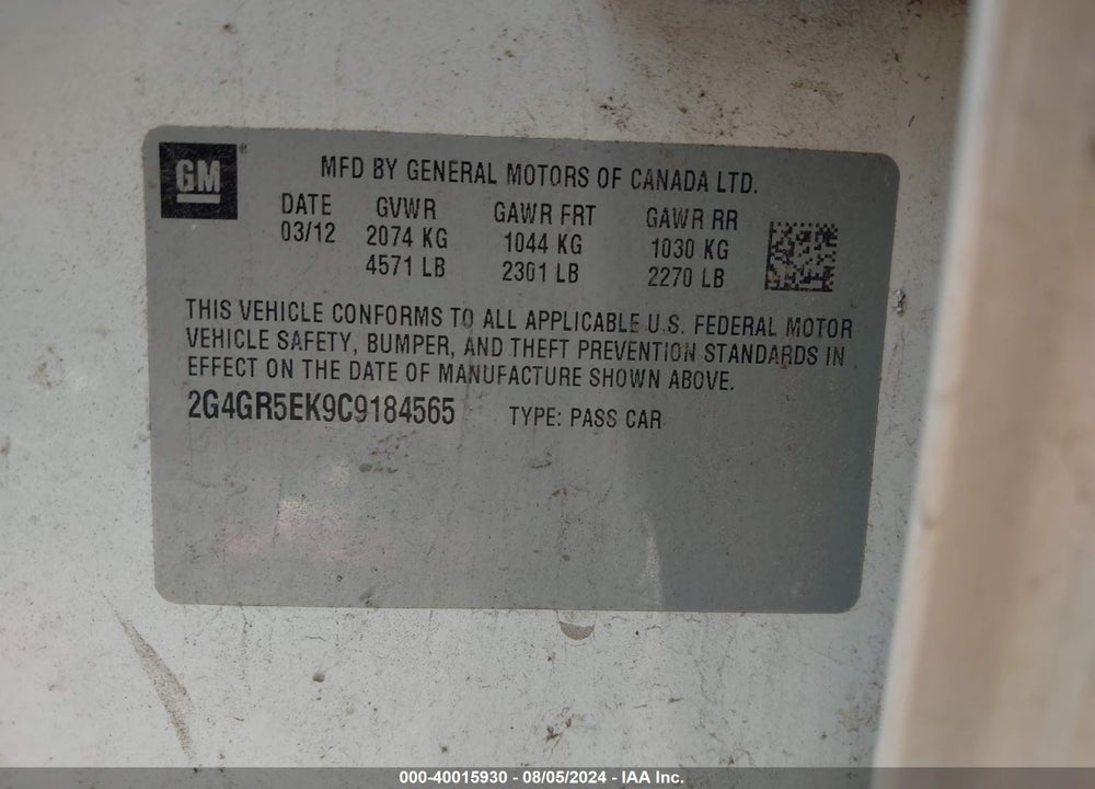 2012 BUICK REGAL VIN: 2G4GR5EK9C9184565