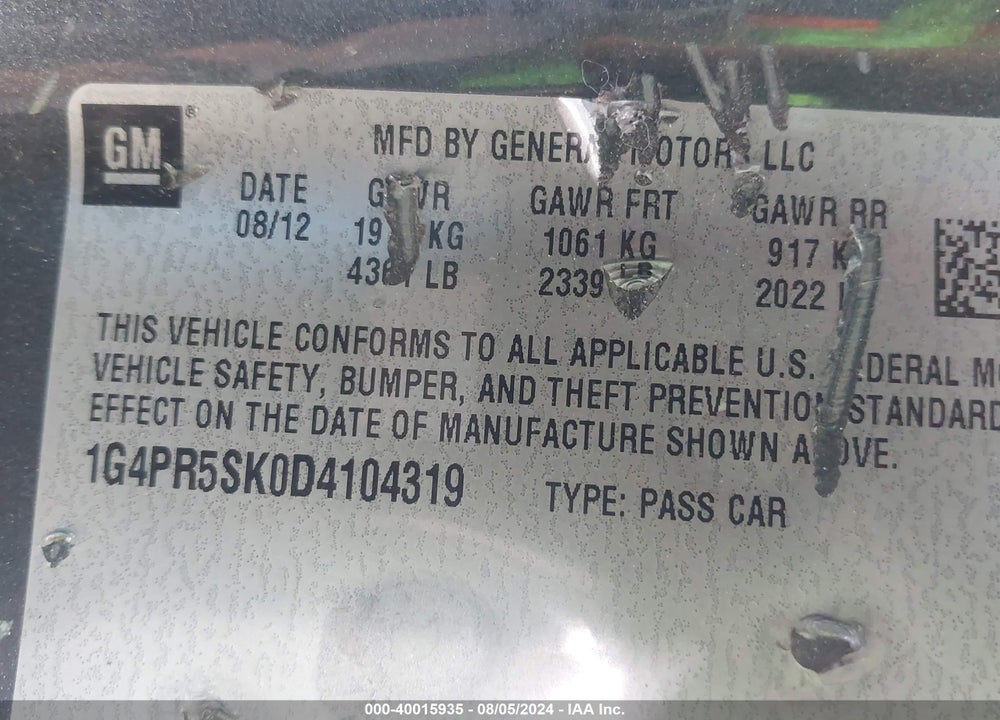 2013 BUICK VERANO CONVENIENCE GROUP VIN: 1G4PR5SK0D4104319