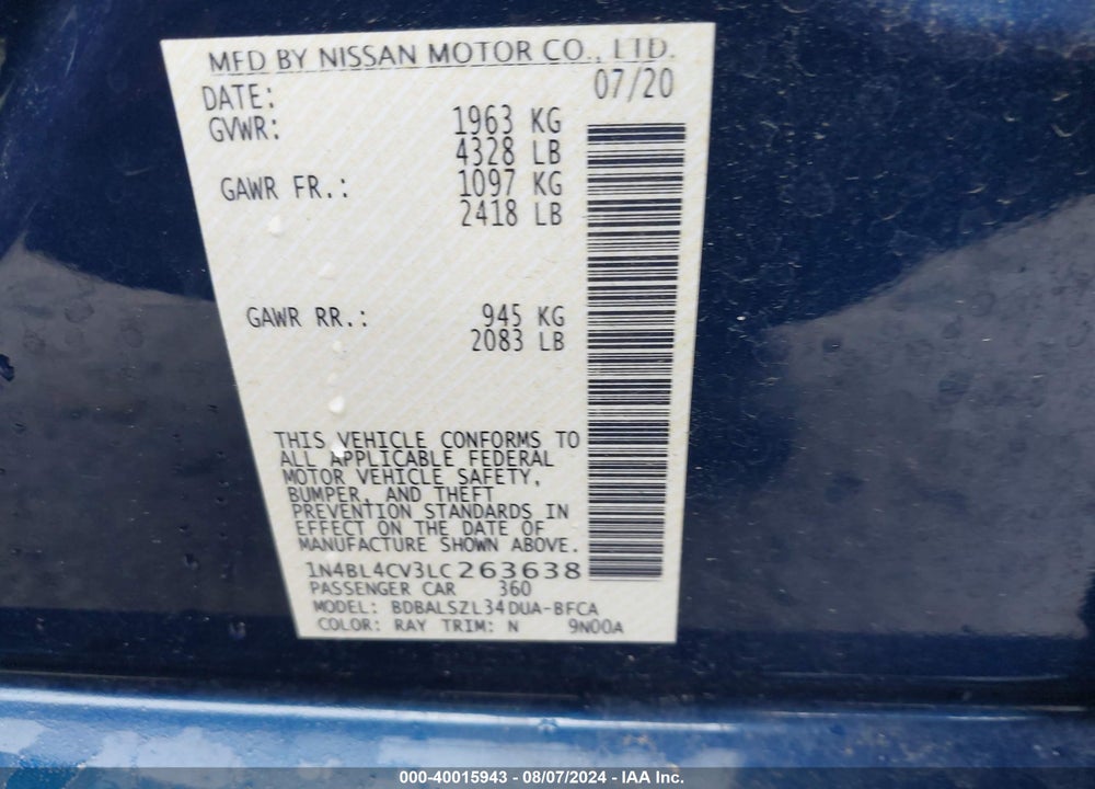 2020 NISSAN ALTIMA SR FWD VIN: 1N4BL4CV3LC263638