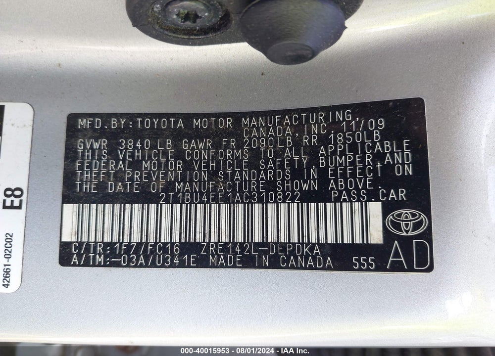 2010 TOYOTA COROLLA LE VIN: 2T1BU4EE1AC310822