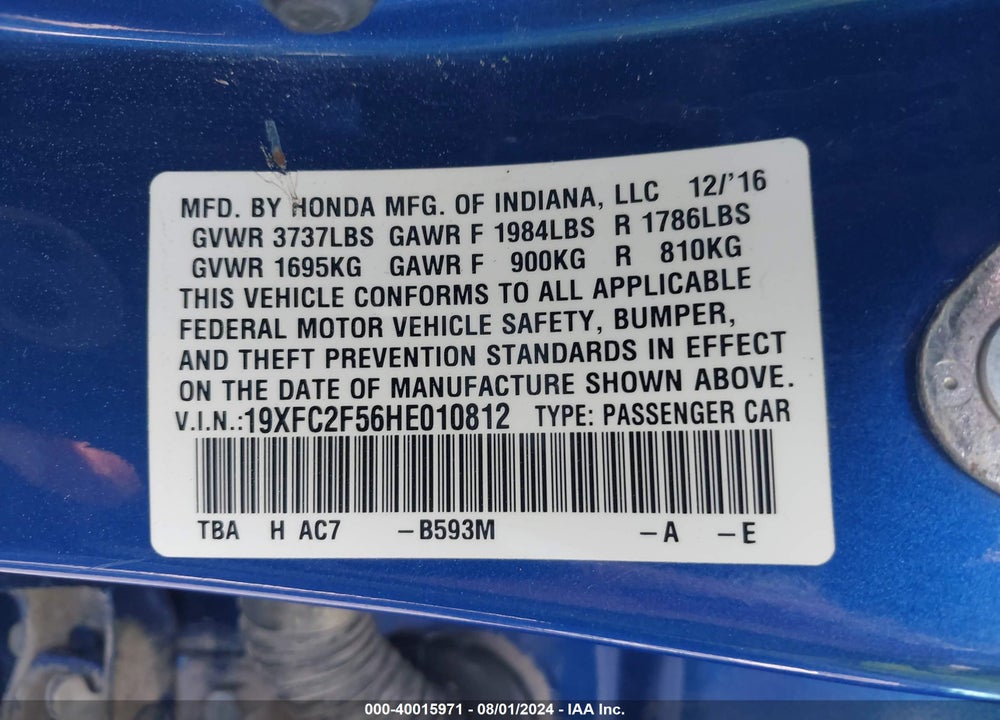2017 HONDA CIVIC LX VIN: 19XFC2F56HE010812