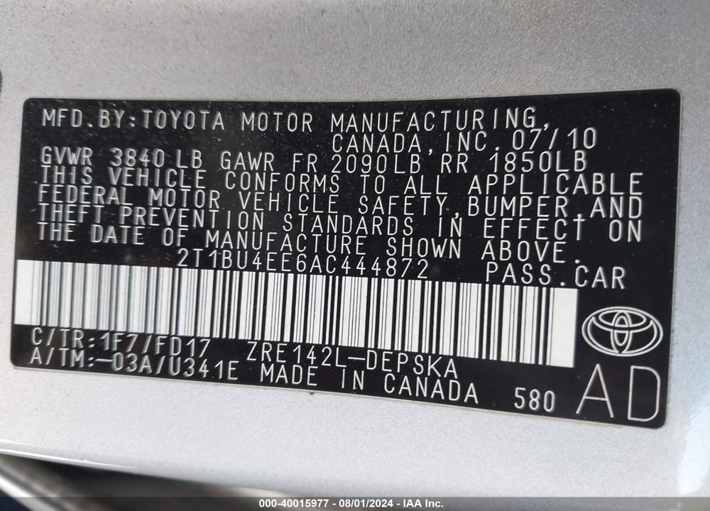 2010 TOYOTA COROLLA S VIN: 2T1BU4EE6AC444872