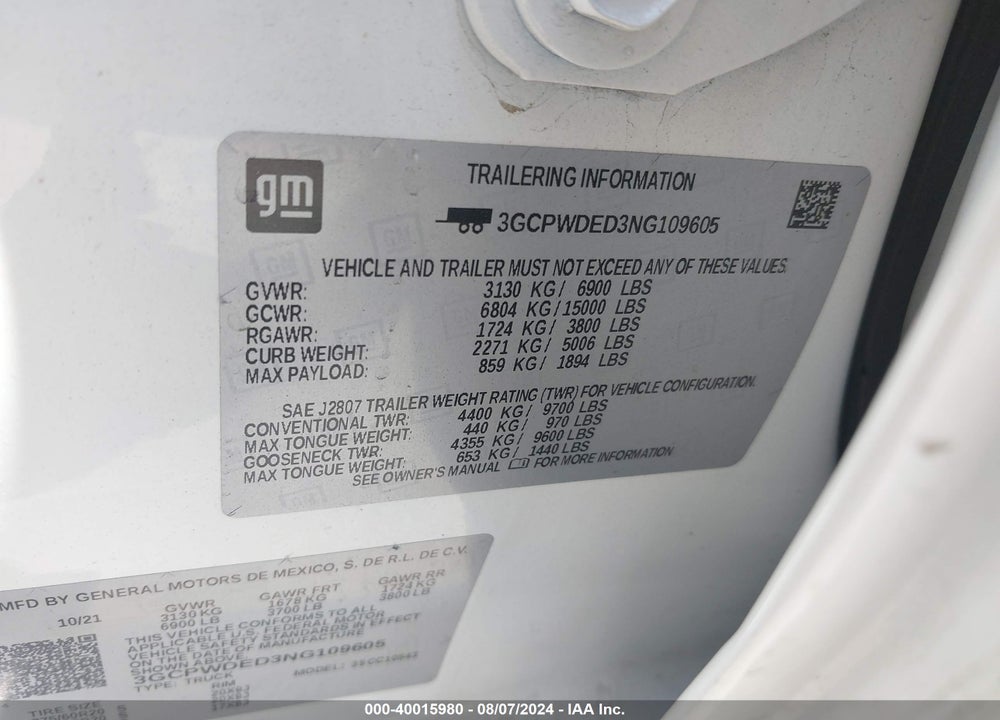 2022 CHEVROLET SILVERADO 1500 LTD VIN: 3GCPWDED3NG109605