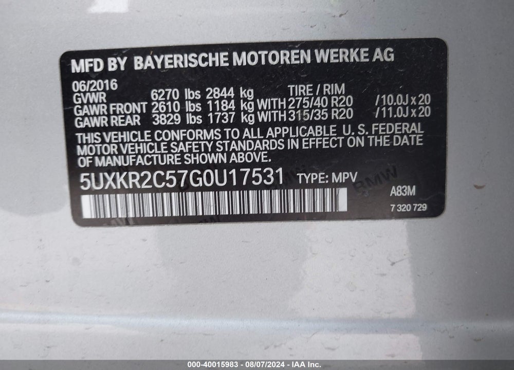 2016 BMW X5 SDRIVE35I VIN: 5UXKR2C57G0U17531