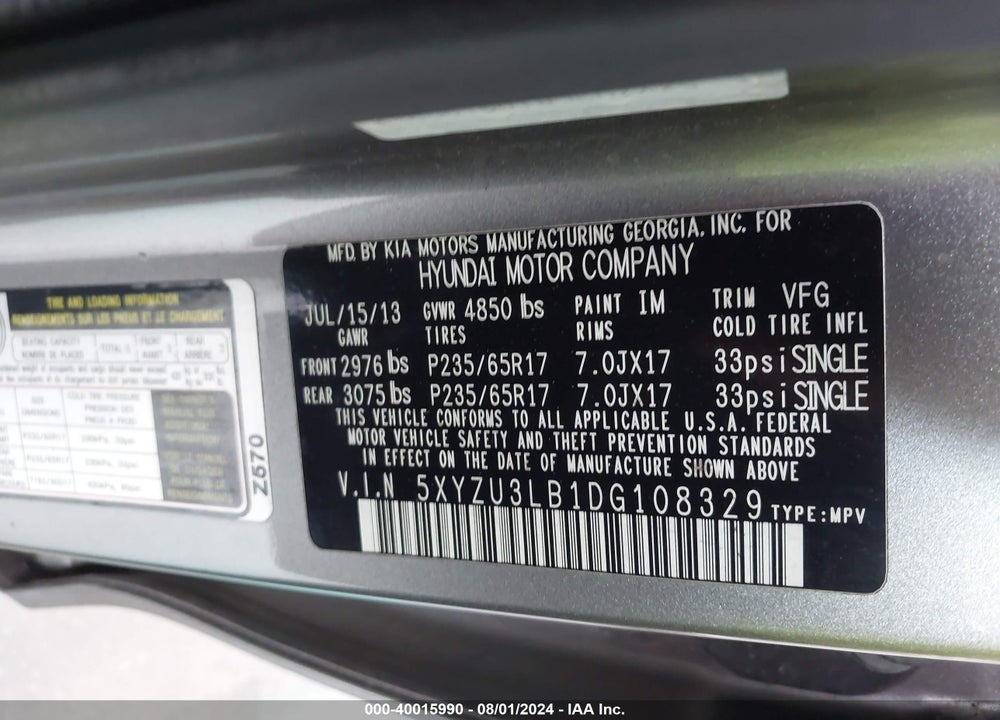 2013 HYUNDAI SANTA FE SPORT VIN: 5XYZU3LB1DG108329