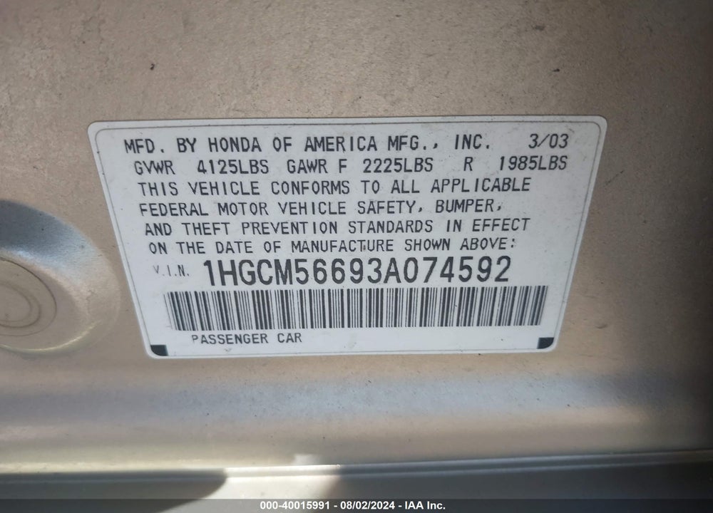 2003 HONDA ACCORD 2.4 EX VIN: 1HGCM56693A074592