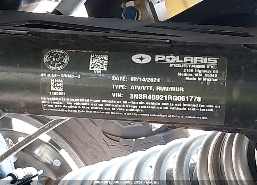 2024 POLARIS RZR PRO XP 4 PREMIUM VIN: 3NSR4B921RG061778