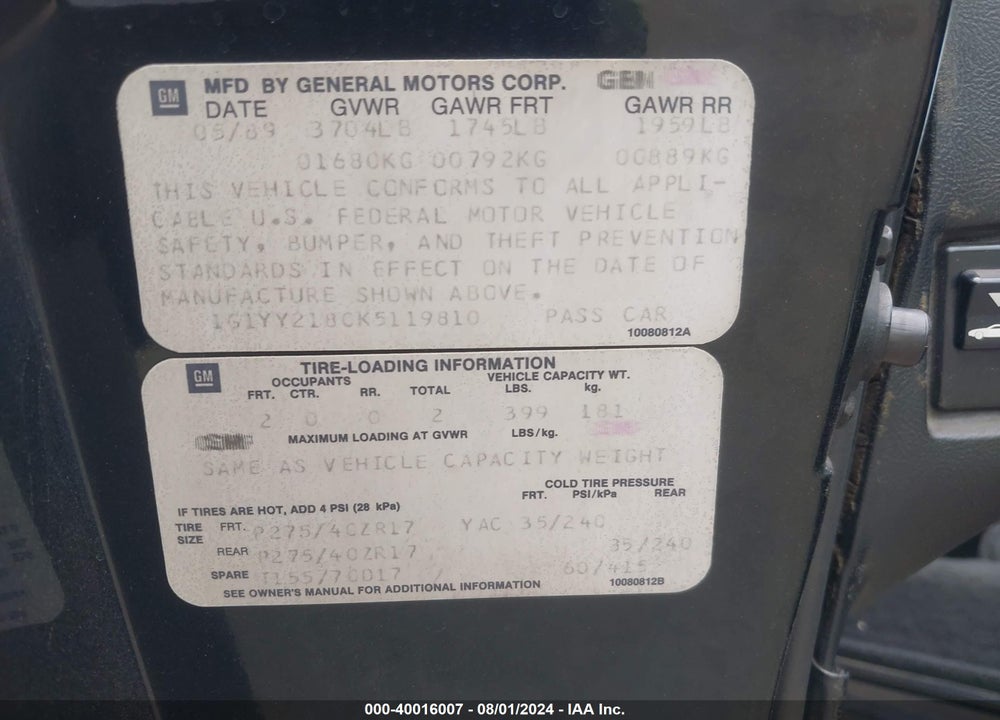 1989 CHEVROLET CORVETTE VIN: 1G1YY2180K5119810
