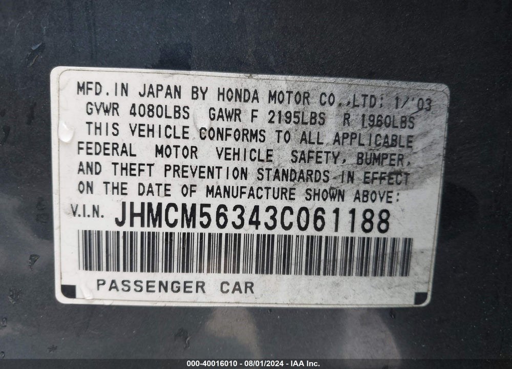 2003 HONDA ACCORD 2.4 LX VIN: JHMCM56343C061188