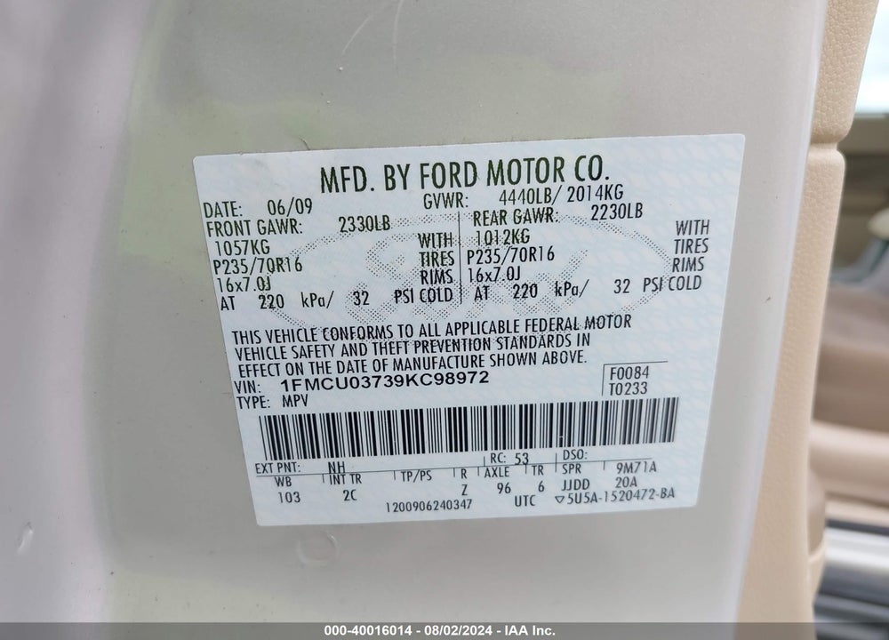 2009 FORD ESCAPE XLT VIN: 1FMCU03739KC98972