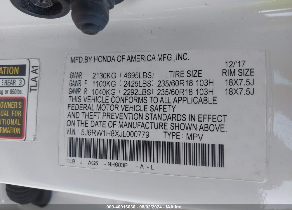 2018 HONDA CR-V EX-L/EX-L NAVI VIN: 5J6RW1H8XJL000779