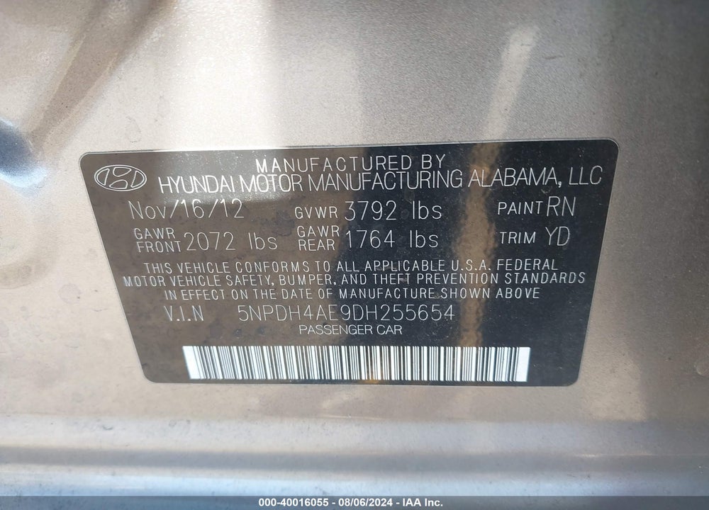 2013 HYUNDAI ELANTRA GLS VIN: 5NPDH4AE9DH255654