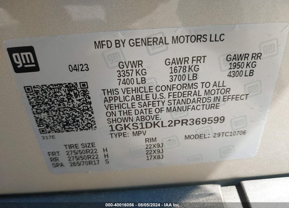 2023 GMC YUKON 2WD DENALI VIN: 1GKS1DKL2PR369599