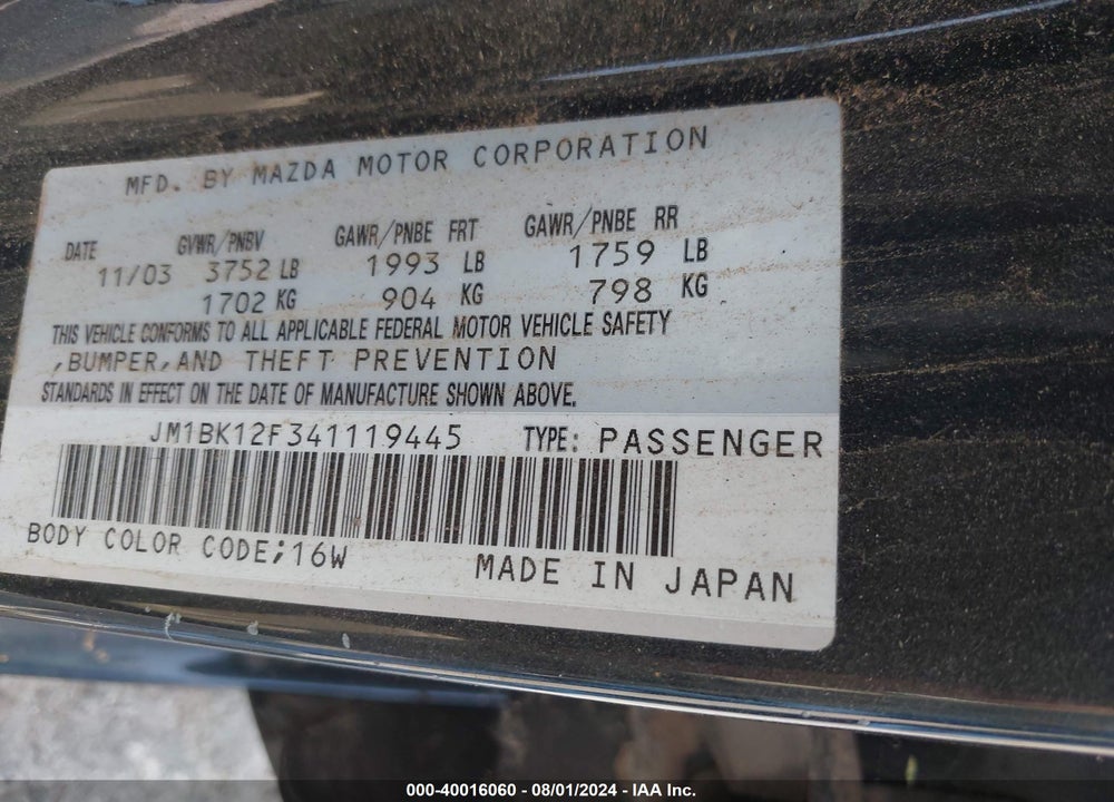 2004 MAZDA 3 I VIN: JM1BK12F341119445