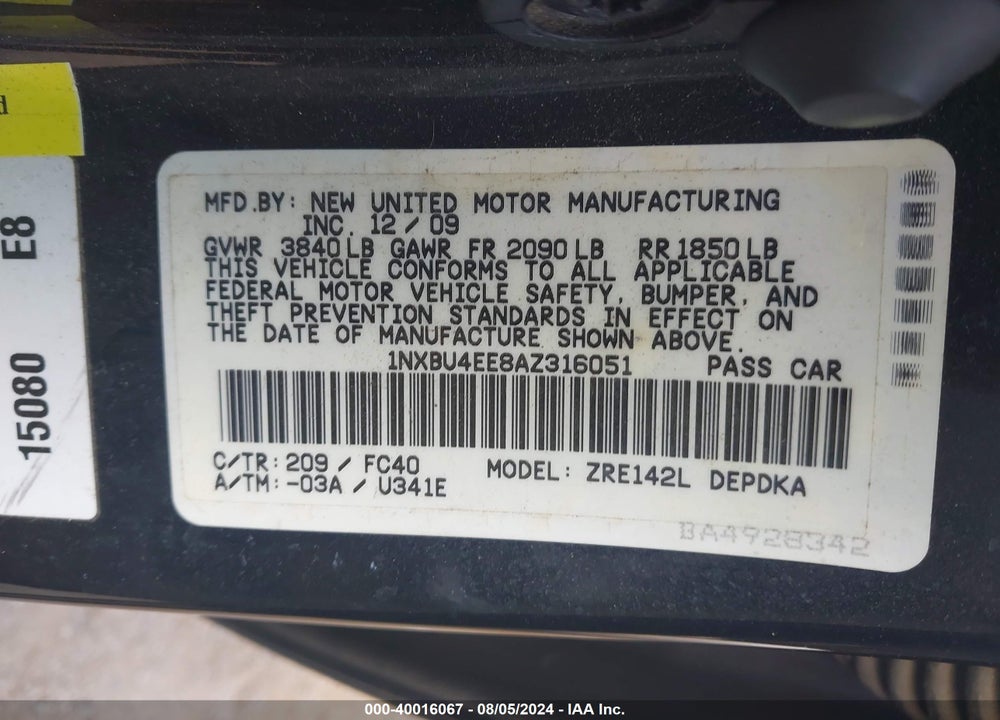2010 TOYOTA COROLLA VIN: 1NXBU4EE8AZ316051