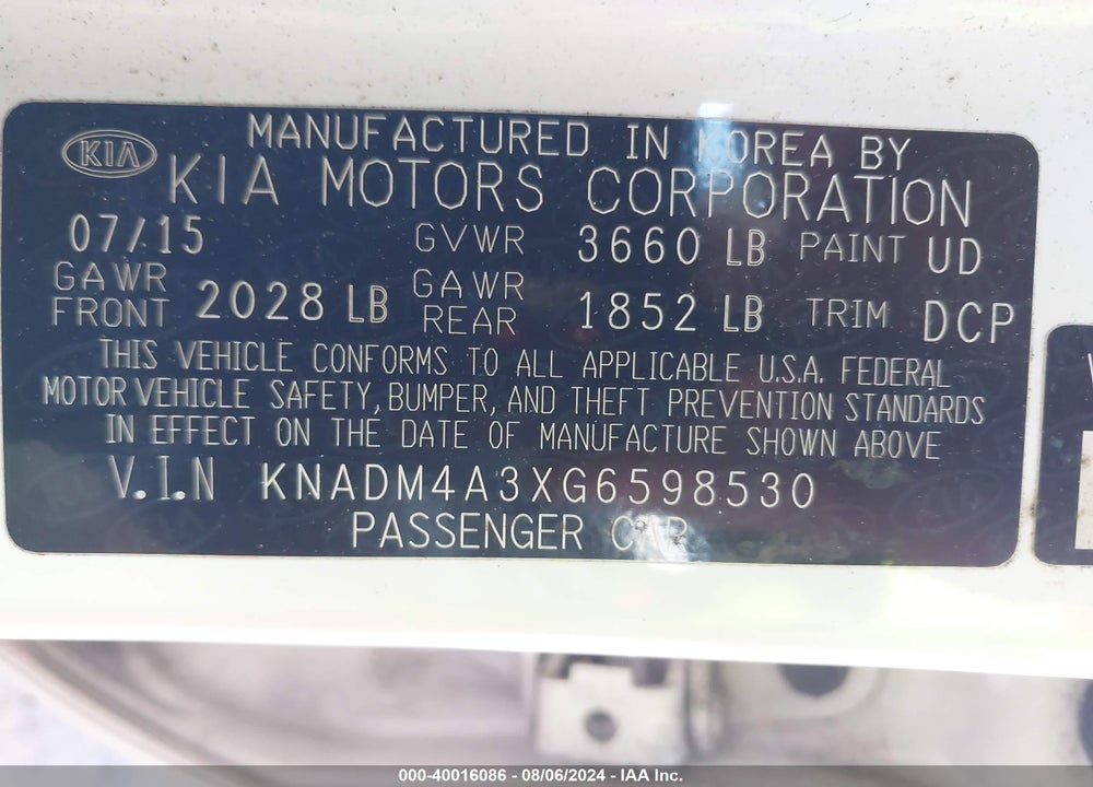 2016 KIA RIO LX VIN: KNADM4A3XG6598530
