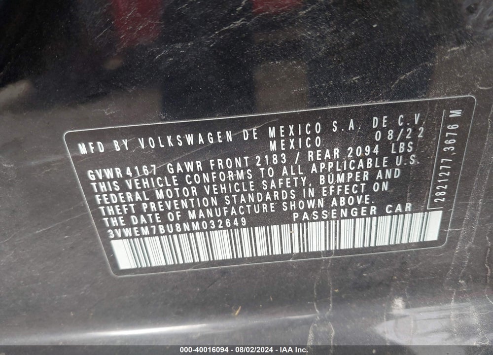 2022 VOLKSWAGEN JETTA VIN: 3VWEM7BU8NM032649