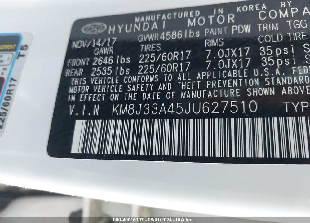 2018 HYUNDAI TUCSON SEL VIN: KM8J33A45JU627510
