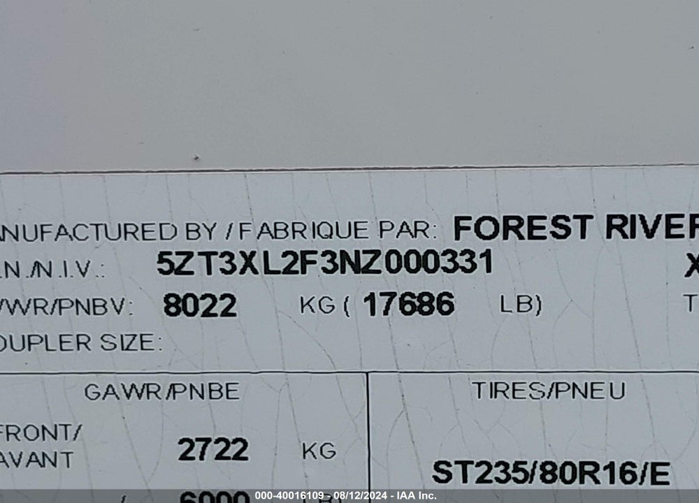 2022 FOREST RIVER XLR BOOST 37TSX13 VIN: 5ZT3XL2F3NZ000331