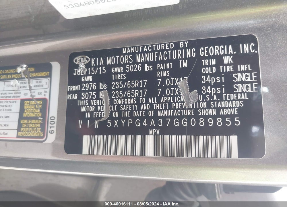 2016 KIA SORENTO 2.4L LX VIN: 5XYPG4A37GG089855