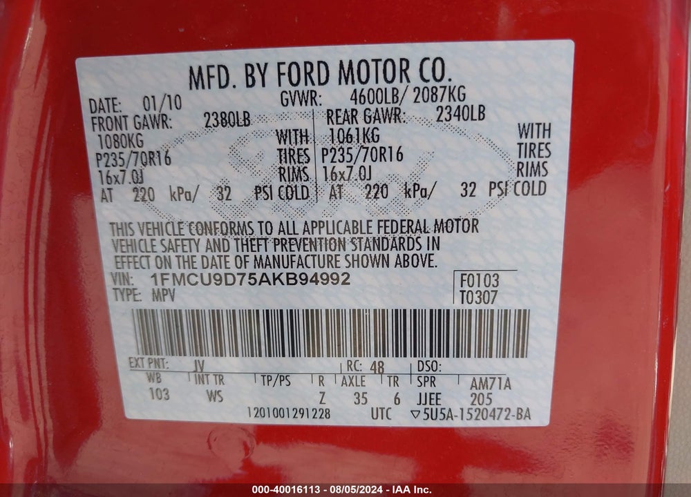 2010 FORD ESCAPE XLT VIN: 1FMCU9D75AKB94992