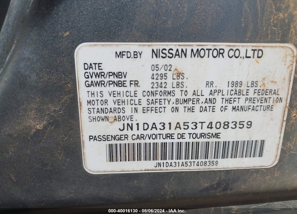 2003 NISSAN MAXIMA SE VIN: JN1DA31A53T408359