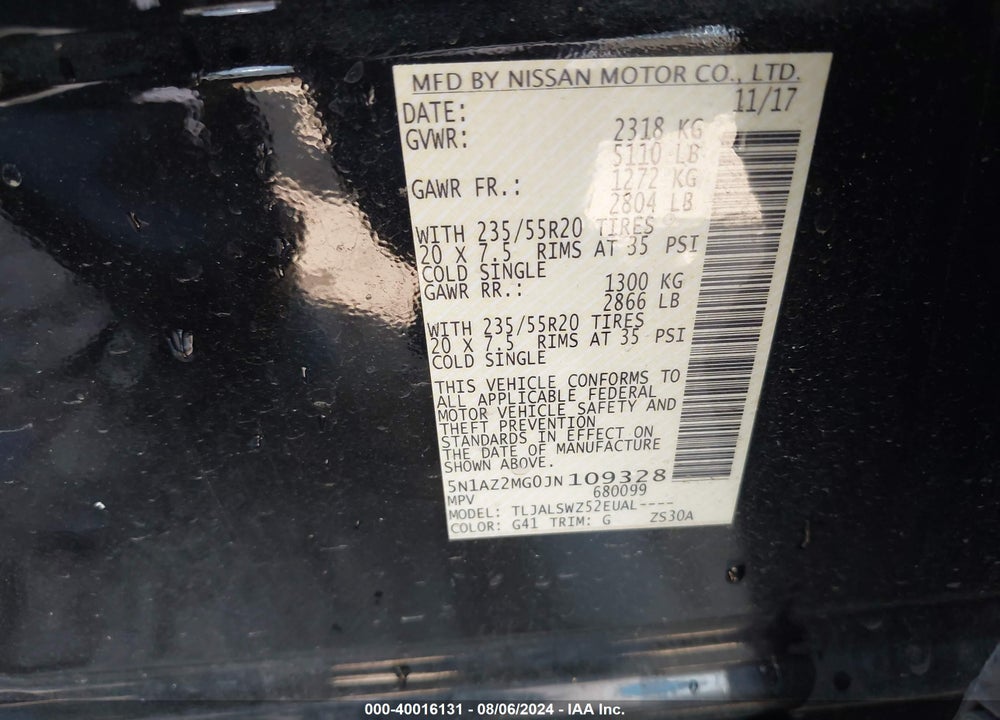 2018 NISSAN MURANO PLATINUM VIN: 5N1AZ2MG0JN109328