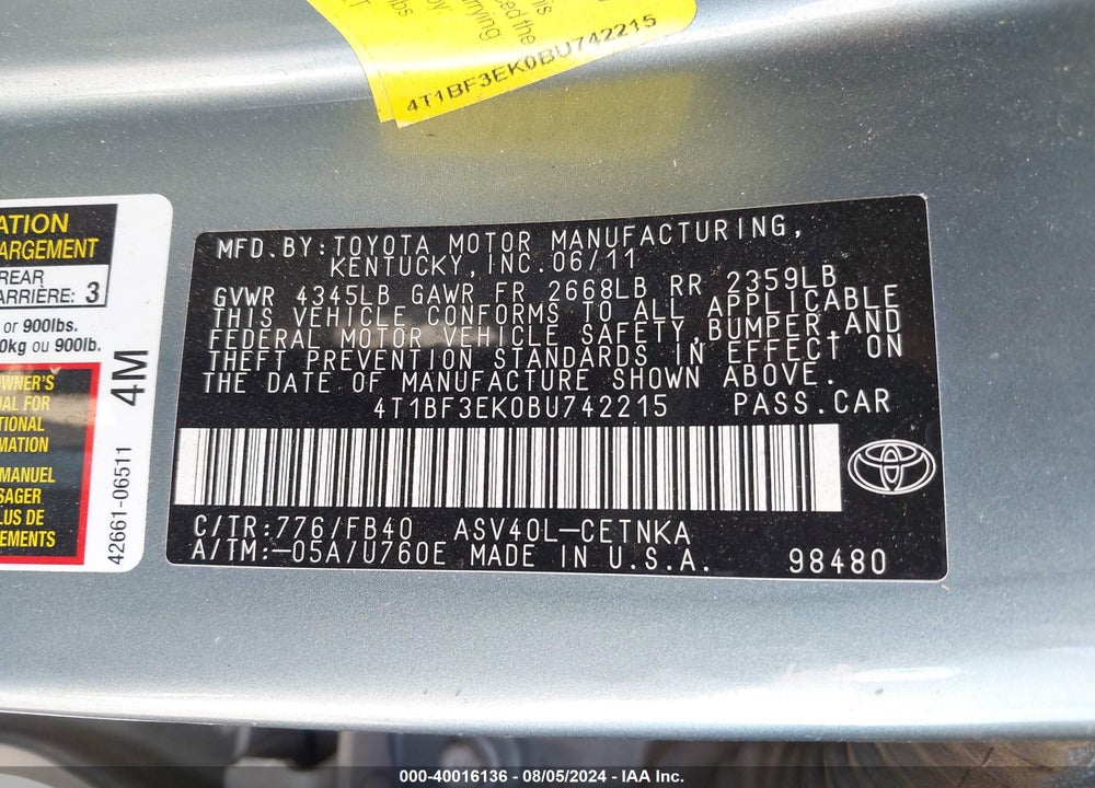 2011 TOYOTA CAMRY LE VIN: 4T1BF3EK0BU742215