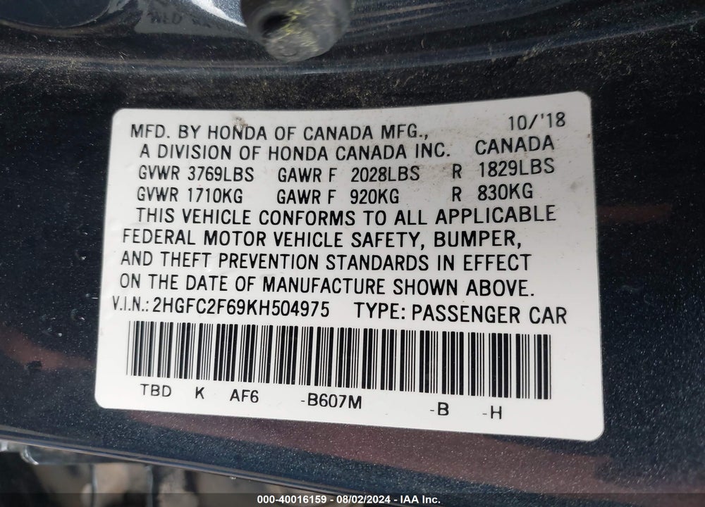 2019 HONDA CIVIC LX VIN: 2HGFC2F69KH504975