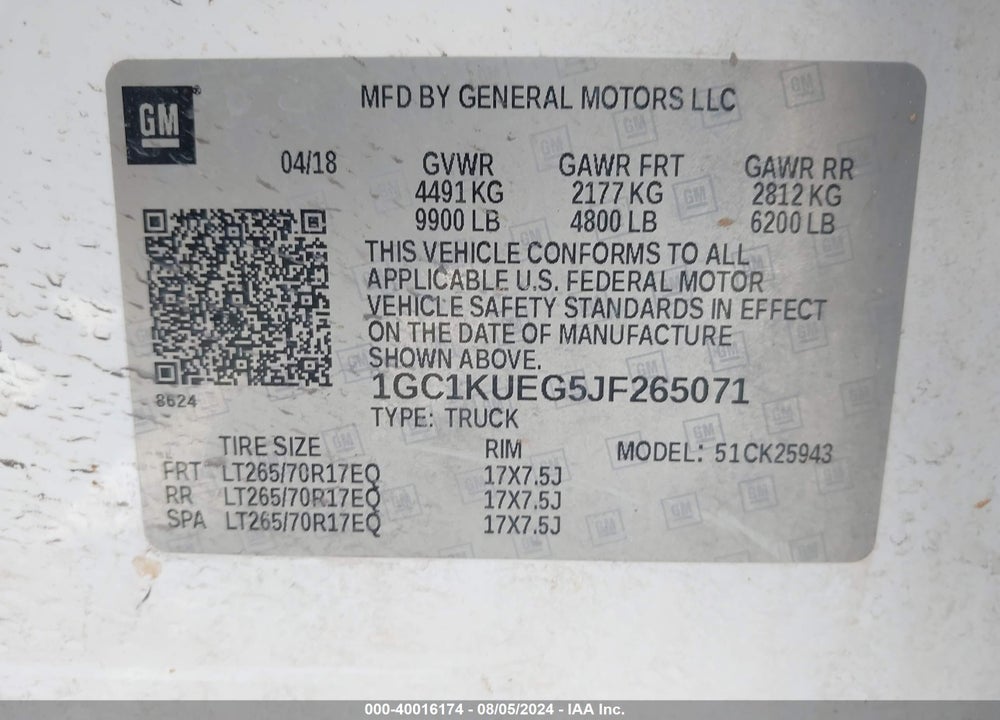 2018 CHEVROLET SILVERADO 2500HD WT VIN: 1GC1KUEG5JF265071