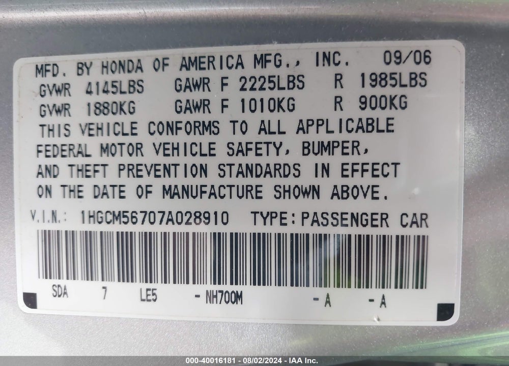 2007 HONDA ACCORD 2.4 EX VIN: 1HGCM56707A028910