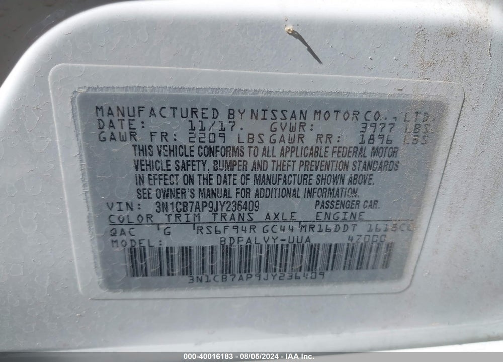 2018 NISSAN SENTRA NISMO VIN: 3N1CB7AP9JY236409