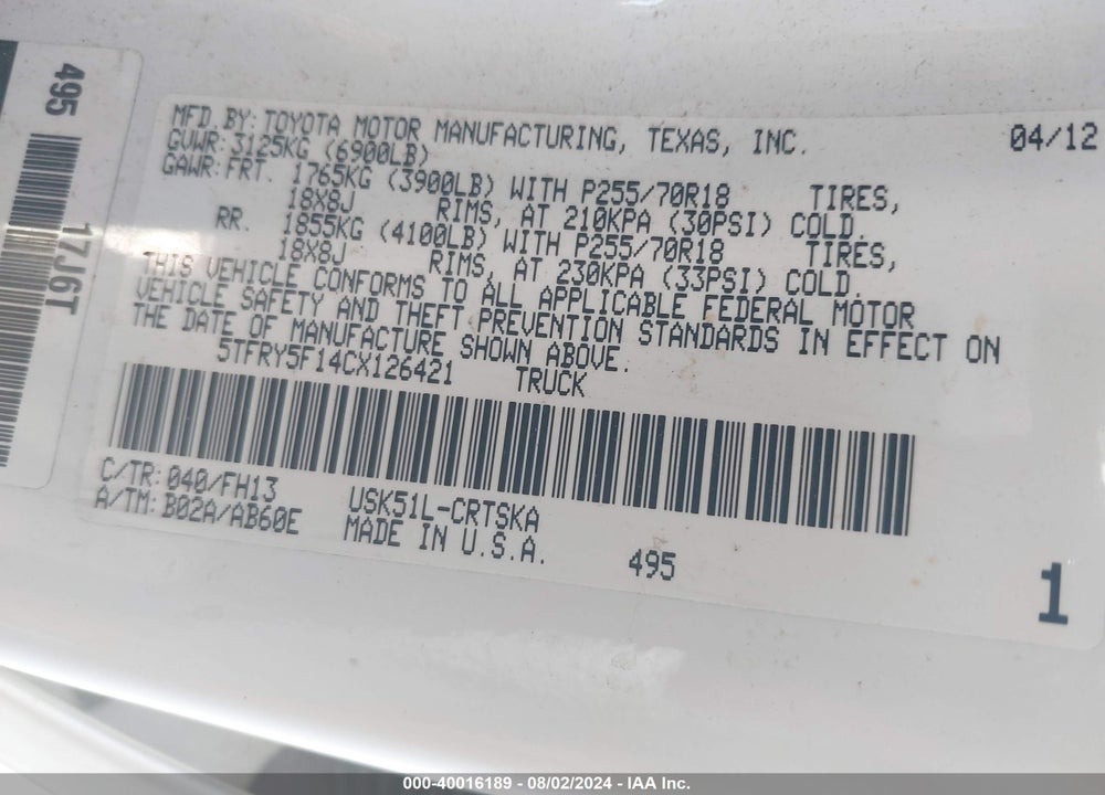 2012 TOYOTA TUNDRA GRADE 5.7L V8 VIN: 5TFRY5F14CX126421
