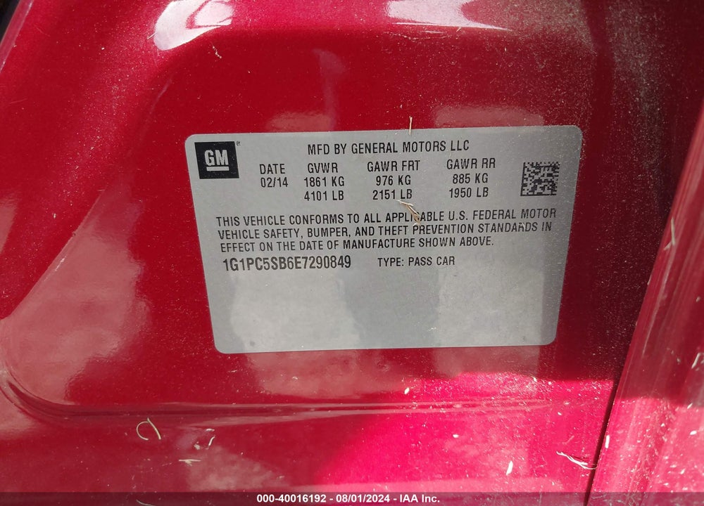 2014 CHEVROLET CRUZE 1LT AUTO VIN: 1G1PC5SB6E7290849