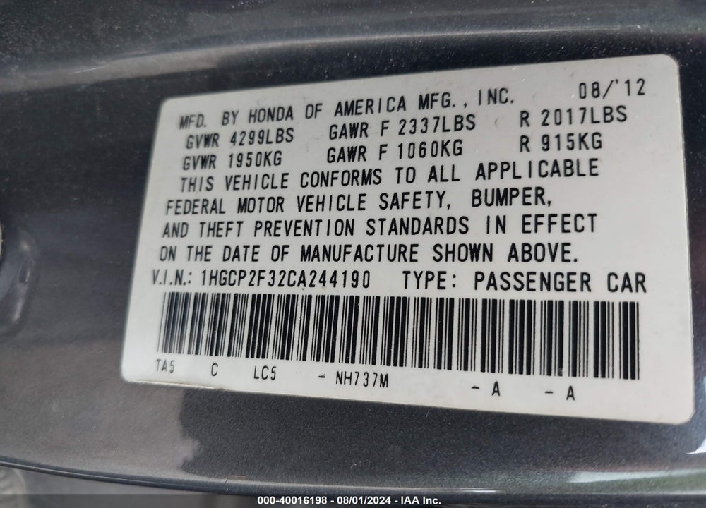 2012 HONDA ACCORD 2.4 LX VIN: 1HGCP2F32CA244190