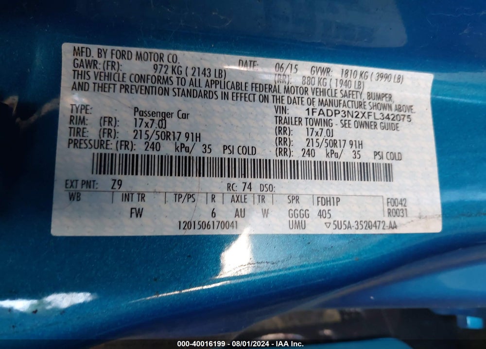 2015 FORD FOCUS TITANIUM VIN: 1FADP3N2XFL342075