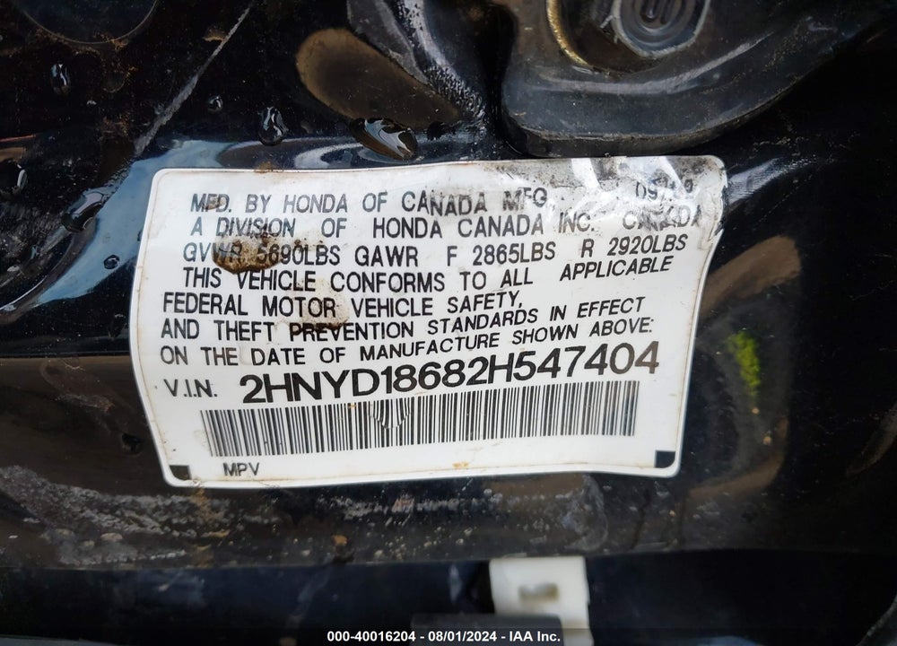 2002 ACURA MDX VIN: 2HNYD18682H547404