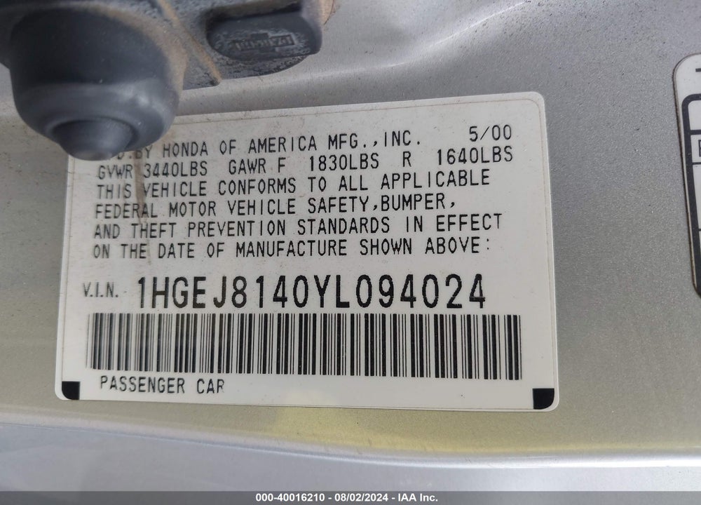 2000 HONDA CIVIC EX VIN: 1HGEJ8140YL094024
