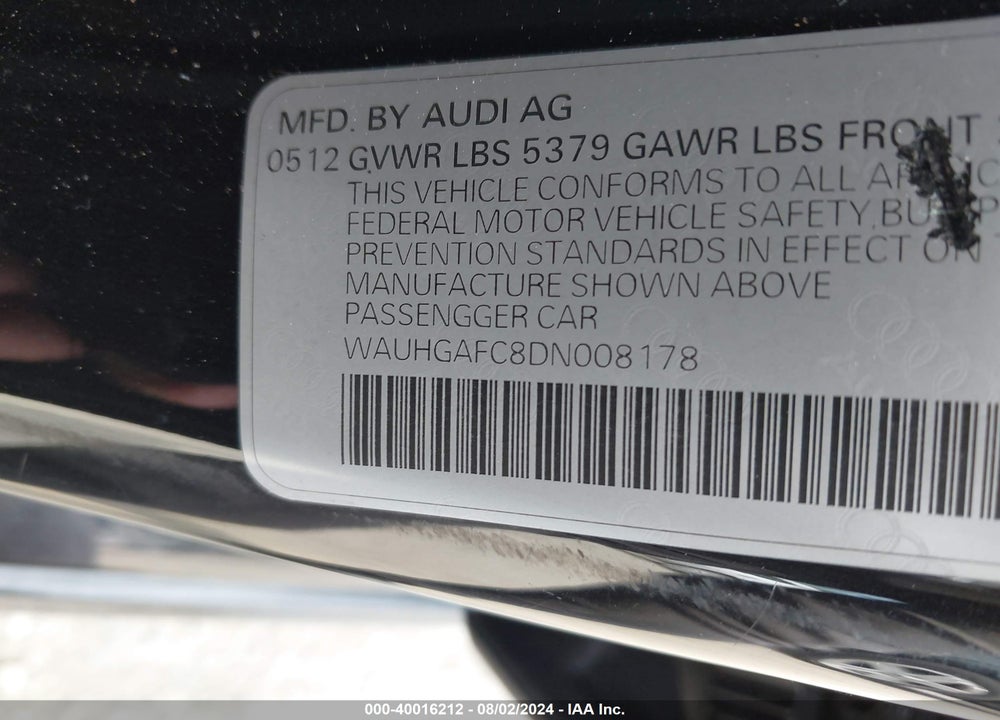 2013 AUDI A6 3.0T PREMIUM VIN: WAUHGAFC8DN008178
