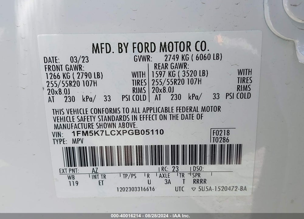 2023 FORD EXPLORER VIN: 1FM5K7LCXPGB05110