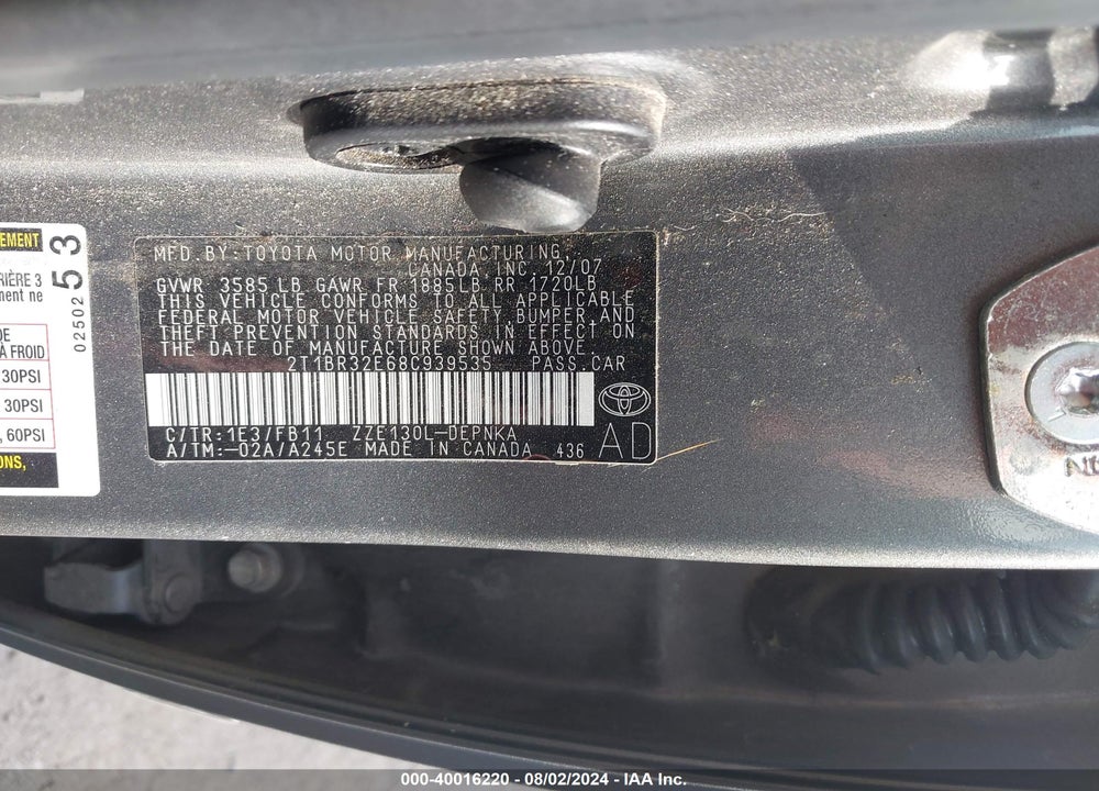 2008 TOYOTA COROLLA LE VIN: 2T1BR32E68C939535