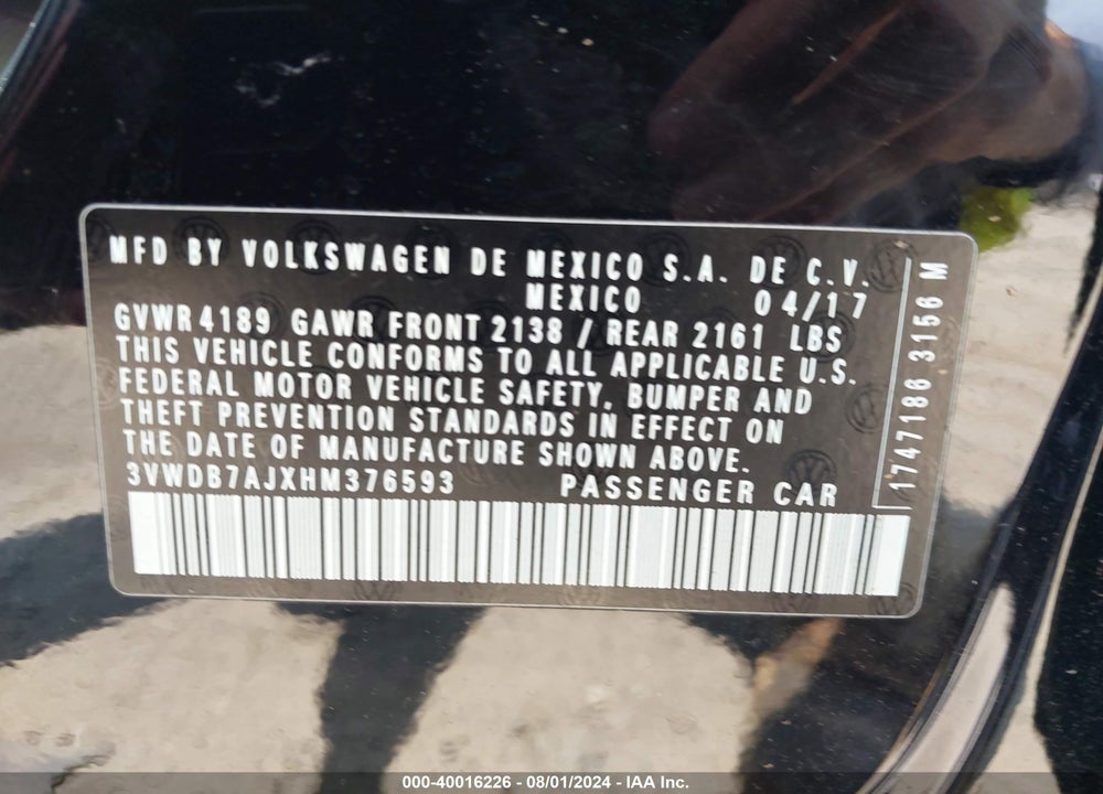 2017 VOLKSWAGEN JETTA 1.4T SE VIN: 3VWDB7AJXHM376593