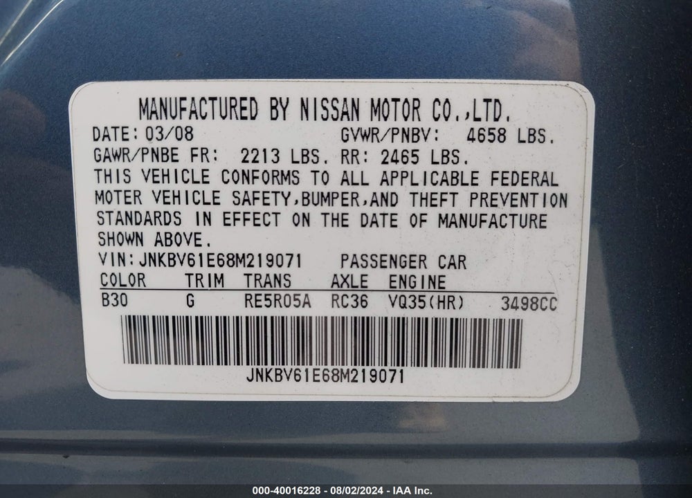 2008 INFINITI G35 JOURNEY VIN: JNKBV61E68M219071