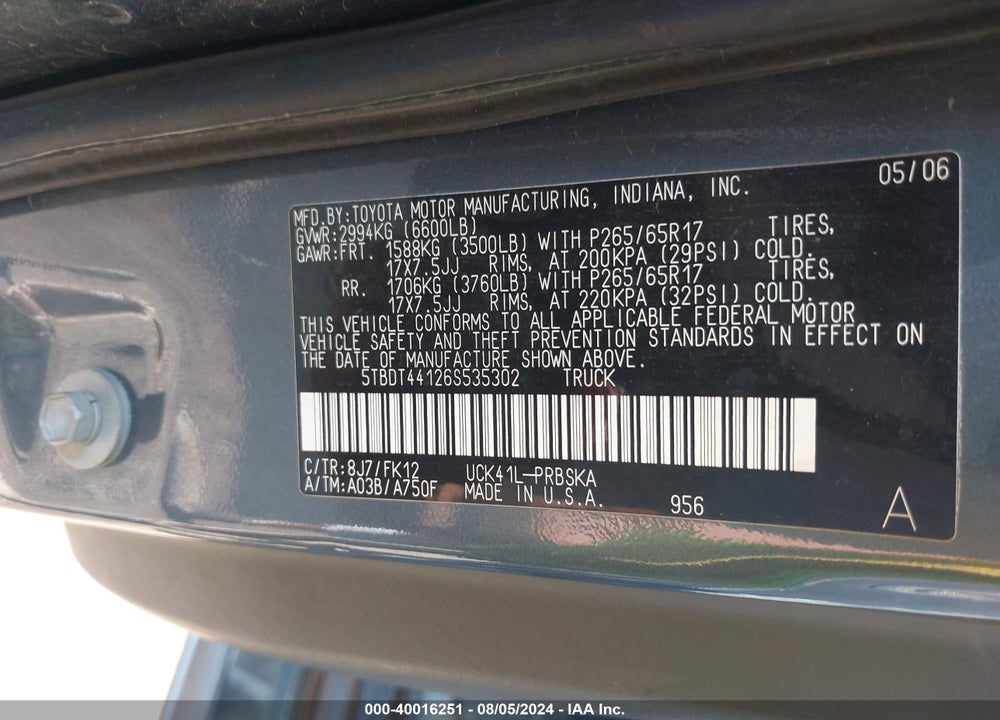 2006 TOYOTA TUNDRA SR5 V8 VIN: 5TBDT44126S535302