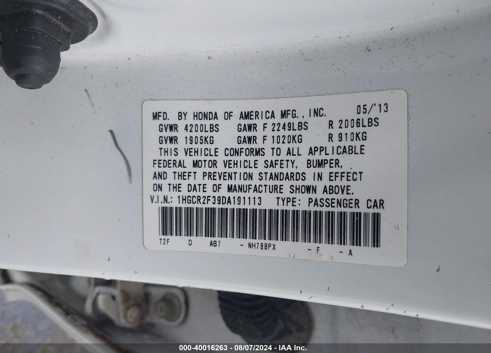 2013 HONDA ACCORD LX VIN: 1HGCR2F39DA191113